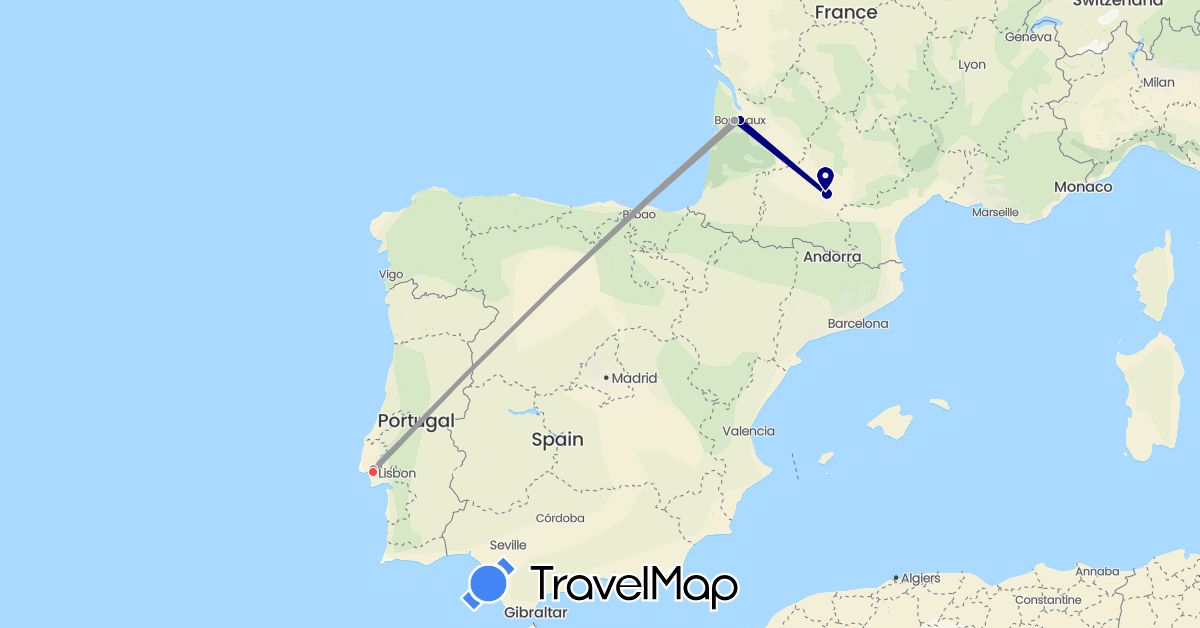 TravelMap itinerary: driving, plane, hiking in France, Portugal (Europe)